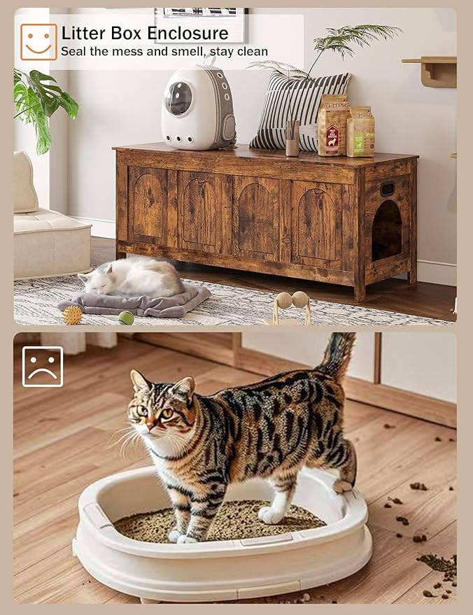 DINZI LVJ Cat Litter Box Enclosure, Flip Top Litter Box Furniture, Hidden Cat Washroom, 2-Entrances Wooden Pet House, 47.2"L x 18.7"W x 19.7"H, End Side Table, TV Stand, Easy Assembly, Rustic Brown