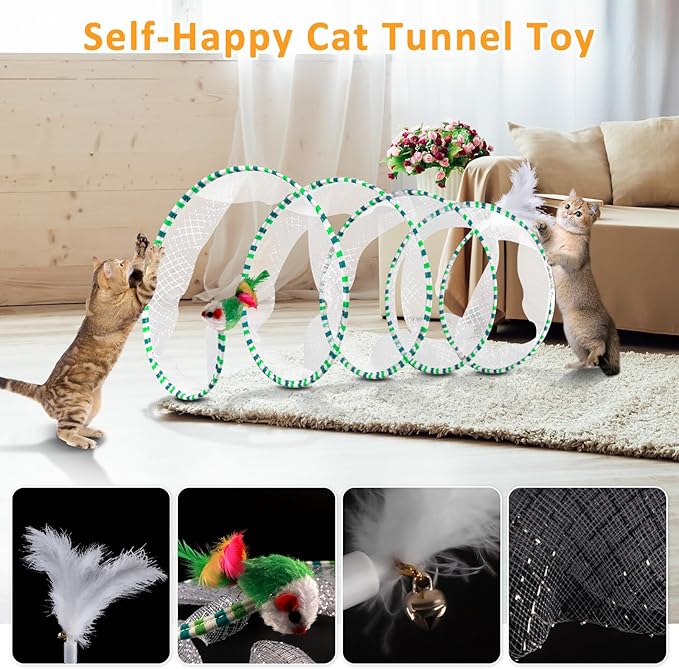 2-Piece Spiral Cat Tubes for Indoor Cats, Large Collapsible Tunnel with Feather Mouse Interactive Toy (Green + Blue & White)