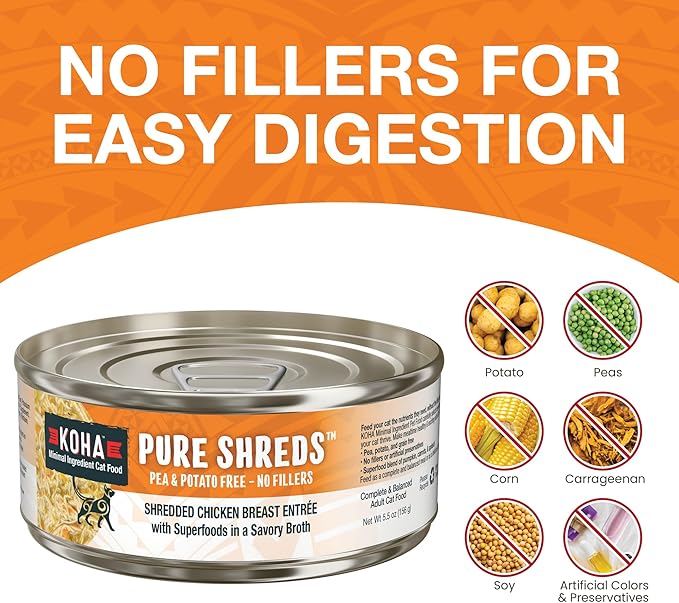 KOHA Pure Shreds Chicken Entrée for Cats, High Protein Wet Cat Food, 2.8oz Cans (Pack of 24)
