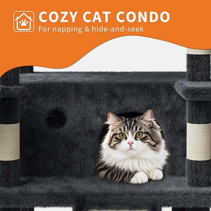 68.5 Inch Multi-Level Cat Tree, Plush Cat Tower with Condo/Sisal Scratching Posts/Hammocks/Basket/Dangling Ball/Platform, Heavy Duty Cats Tree to Play and Sleep,2601#Dark Grey