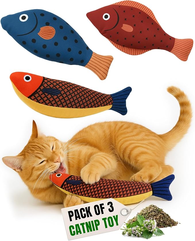 Tails & Tales Cat Toys Fish, Catnip & Crinkle Sound Plush, Bite-Resistant & Soft Interactive Toys for Indoor Cats & Kittens, Reduces Stress & Encourages Activity, Pack of 3
