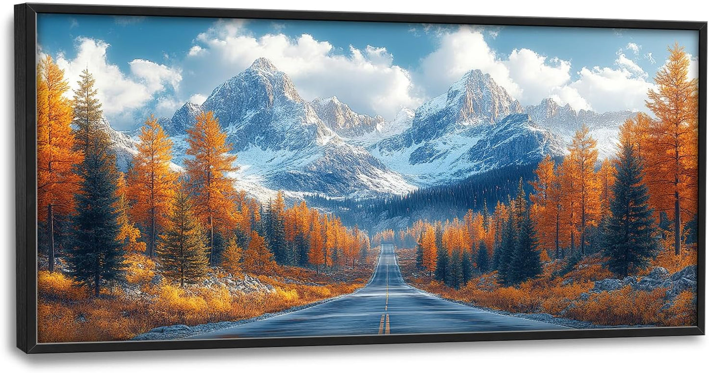 Large Forest Mountain Landscape Wall Art for Living Room, Nature Highway Road Scenery Canvas Oversized Wall Decor, Autumn Framed Pictures Painting Print Artwork for Bedroom Office 60"L x 30"W