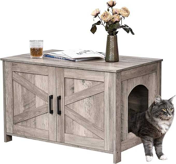 Homhedy Cat Litter Box Enclosure, Wooden Cat Washroom Furniture with Barn Door, Pet House, Fit Most of Litter Box, Greige