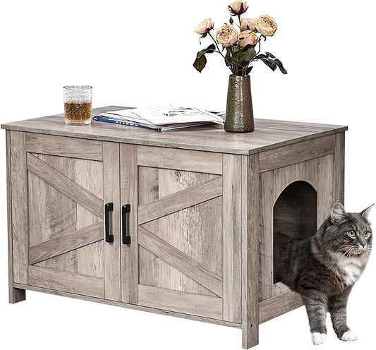 Homhedy Cat Litter Box Enclosure, Wooden Cat Washroom Furniture with Barn Door, Pet House, Fit Most of Litter Box, Greige