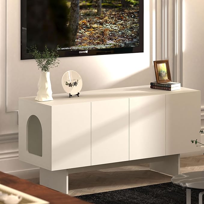 Double Litter Box Enclosure, Litter Box Enclosure for 2 Litter Boxes, Modern Litter Box Furniture for 2 Cats, Scandi Style (White)