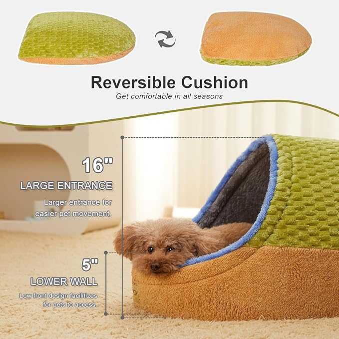 Jiupety Cute Cat Beds for Indoor Cats, Cat Cave Bed for Kittens, Hideaway Cat House for Cat & Small Dog with Anti-Slip Bottom, Washable Removable Cushion, L(19"x17"x16"), Green