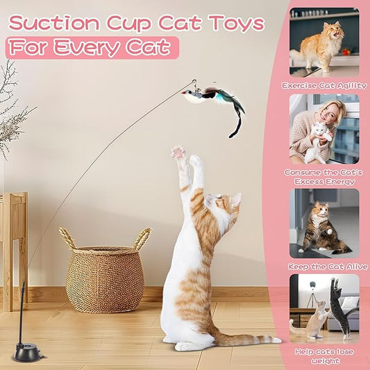 Interactive Bird Simulation Cat Toy Set,Cat Wand Toys,Wand Self-Holding Suction Cups Base,Include Detachable 6 Pcs Replacements Feathers Toys