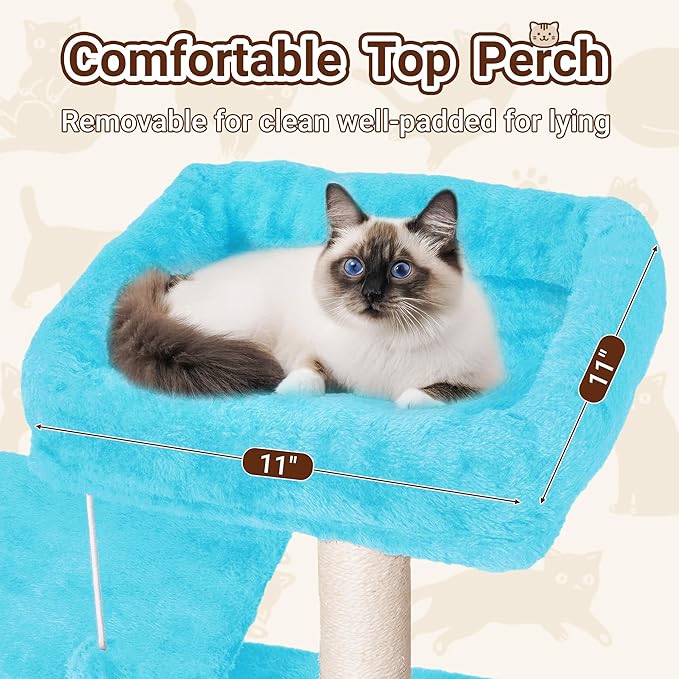 Cat Tree, 54-Inch Cat Tower for Indoor Cats,Plush Multi-Level Cat Condo with Scratching Posts, Basket, Perches,2 Caves,2 Pompoms(Blue)