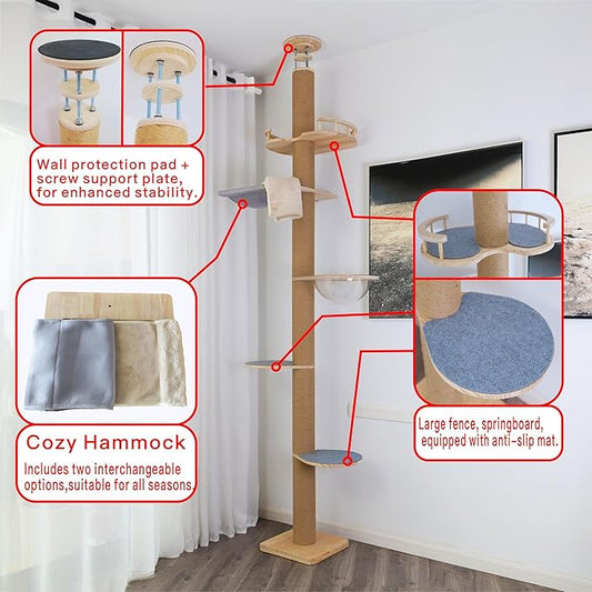 Floor to Ceiling Cat Tree Height (50-120 in) Adjustable Cat Tower 5 Tier Hemp Scratching Post High Cat Tree Sturdy Activity Tree Indoor Outdoor Cat Scratching Post Activity Center
