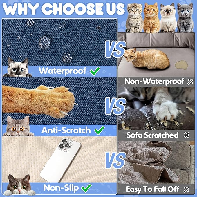Cat Scratch Furniture Protector - Anti-Slip, Waterproof Sofa Cover to Keep Cats Off, Pet-Friendly Couch Protectors for 3 Cushion Couch, Anti-Scratch Couch Cover for Pets and Kids 134"X71"Navy Blue