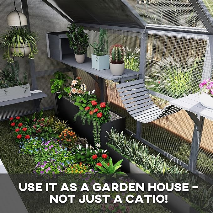 PawHut Large Catio Outdoor Cat Enclosure for Multiple Kittens, Wooden Cat House with Waterproof Cover, Walk in Kitty Cage Kennel with 2 Condos, 6 Platforms, Bridge, Doors, 110" x 73" x 74", Gray