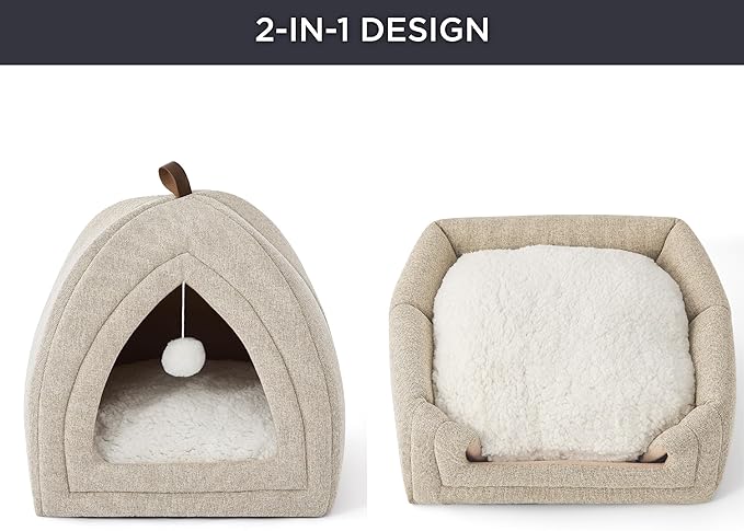 Bedsure Cat Beds for Indoor - 2 in 1 Cat Cave House Tent for Kittens and Small Pets with Removable Washable Cushioned Pillow, Foldable Kitten Hideaway with Non-Slip Bottom, Khaki, 16 inches