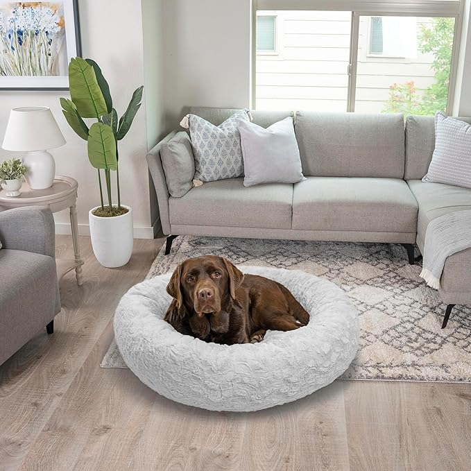 Best Friends by Sheri Original Calming Donut Dog and Cat Bed, Lux Faux Fur, Gray, (36in x 36in) - Anxiety Relief for Pets Up to 100 lbs