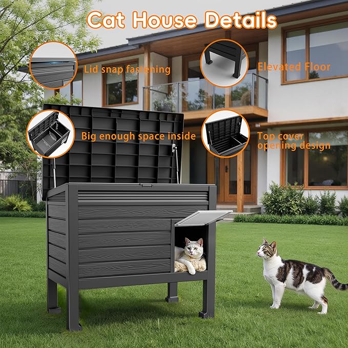 Cat House Outdoor,Weatherproof Feral Cat Shelter with Raised Floor&Windscreen,Resin Insulated Cat House for Winter,for Cats and Small Animals,Black