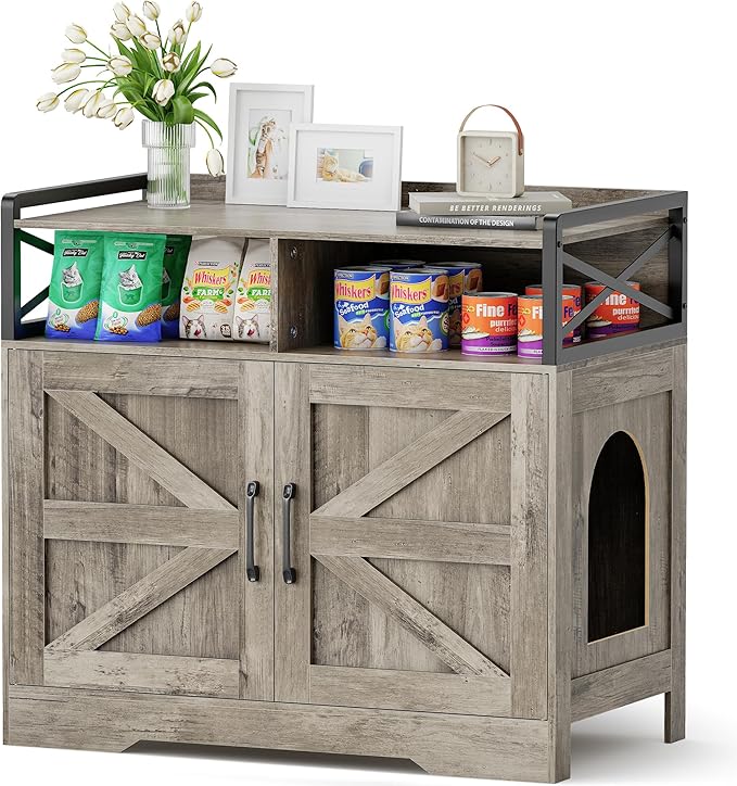 Cat Litter Box Enclosure Furniture - Hidden Litter Box Cabinet with Scratch Pad & Odor Control | Farmhouse Style End Table for Cats | Discreet Cat Washroom for Living Room & Bedroom Grey