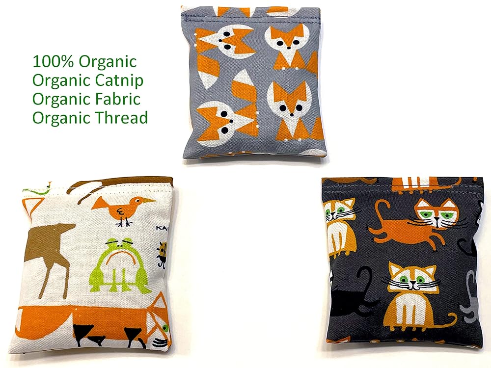 Organic Catnip Toys, Made with GOTS Certified Organic Fabric, Organic Catnip, Organic Thread, One package of 3 toys, Handmade in the USA