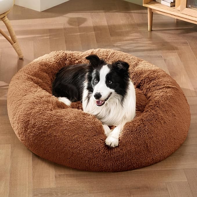 Bedsure Calming Dog Bed for Large Dogs - Donut Washable Large Pet Bed, 36 inches Anti-Slip Round Fluffy Plush Faux Fur Dog Bed, Fits up to 80 lbs Pets, Caramel