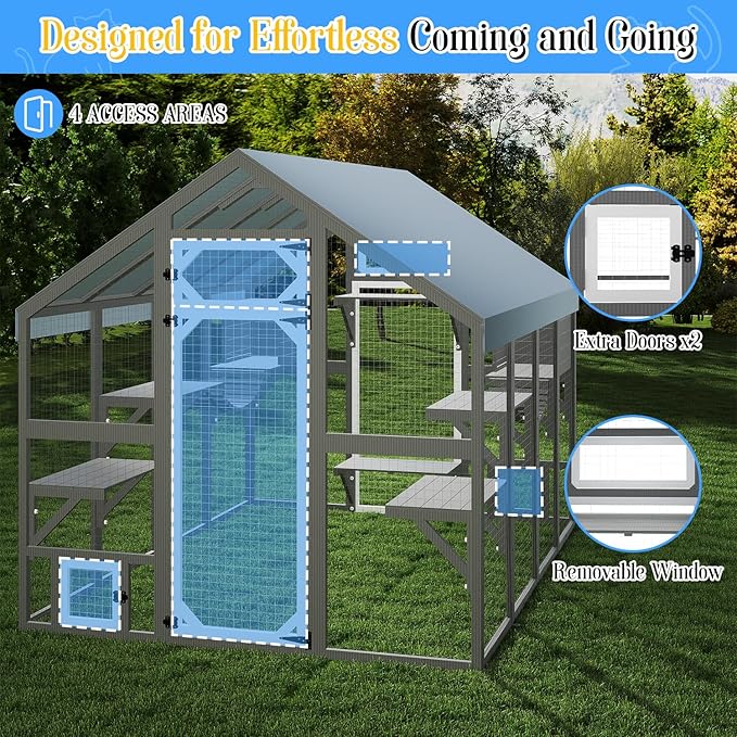Extra Large Catio Outdoor Cat Enclosure for Multiple Cats, Wooden Walk-in Cat House with 2 Bridges, Window Connection, 2 Resting Boxes, 8 Platforms, Walks and Weatherproof Roof Cover