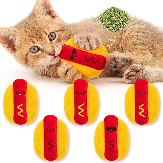 L1rabe Hot Dog Catnip Stuffed Toys - 5Pcs Fall Funny Hot Dog Cat Toys Indoor Yellow Interactive Pet Supplies, Kitten Chew Bite Tools Cat Lovers Gifts, Organic Eco-friendly Birthday Present for Kittens