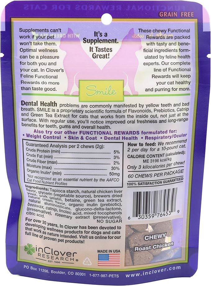 Smile Daily Dental Health Soft Chews for Cats, Support Healthy Teeth and Fresh Tongue with Catnip and Green Tea, Prebiotics, and Chlorophyll for Fresh Breath