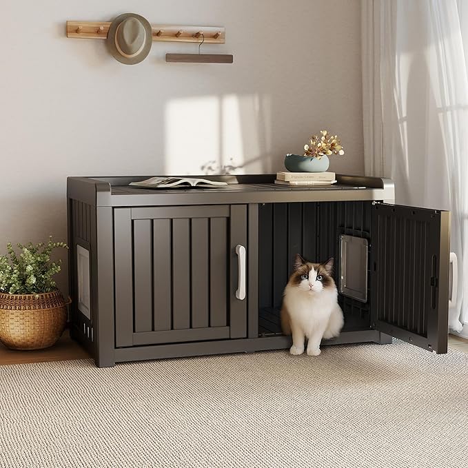 Cat Litter Box Enclosure Resin Hidden Cat Litter Box Furniture Multi-Functional Double Door Spacious Odorless Waterproof UV-Resistant Indoor Outdoor Use Black