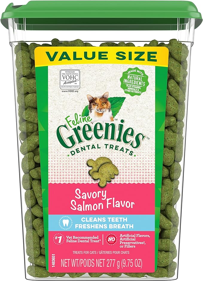 Greenies Feline Adult Dental Cat Treats, Savory Salmon Flavor, 9.75 oz. Tub