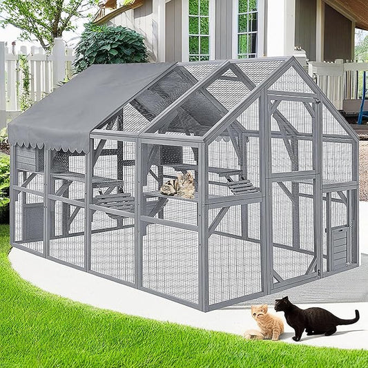 Catio Outdoor Cat Enclosure House Large for Multiple Cats, Wooden Cat Condo Cage for Outside with Waterproof Roof, Playpen, Resting Box, Platform, Bridges, Doors, 111”x74”x74”, Gray