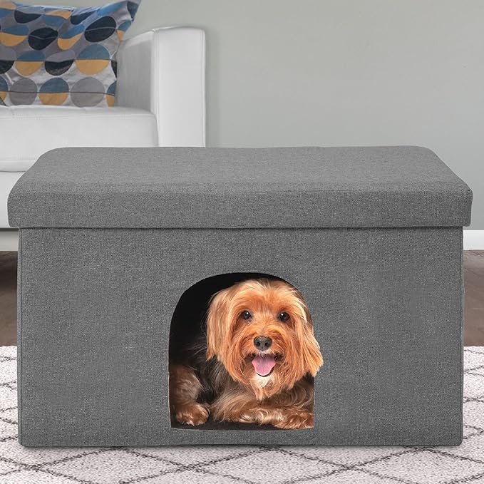 Furhaven Pet House for Indoor Cats & Medium/Small Dogs, Collapsible & Foldable w/ Plush Ball Toy - Living Room Ottoman Cat Condo - Stormy Gray, Large