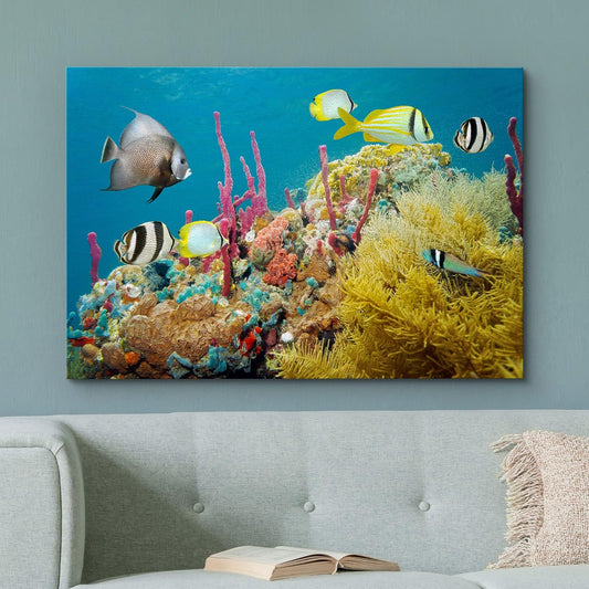 wall26 Canvas Print Wall Art Deep Sea Marine Fish with Coral Reef Nature Ocean Photography Realism Nautical Scenic Relax/Calm Multicolor Ultra for Living Room, Bedroom, Office - 32"x48"