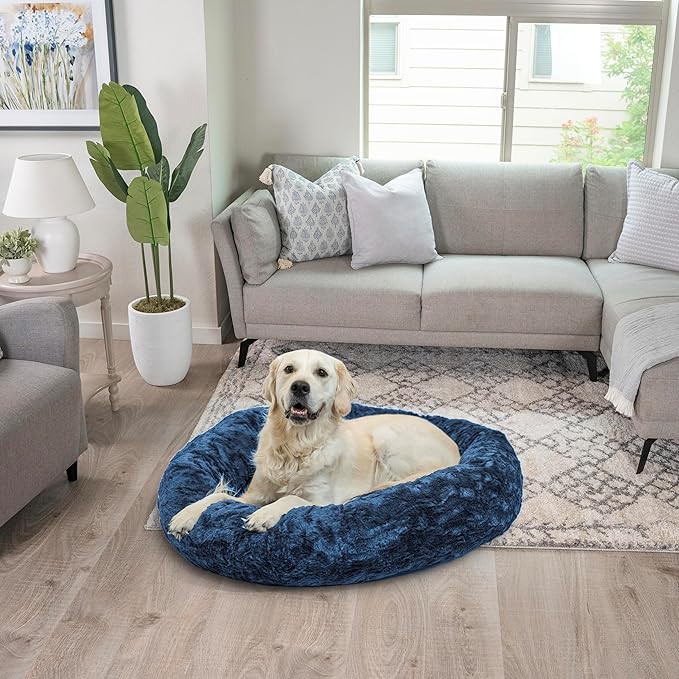 Best Friends by Sheri Original Calming Donut Dog and Cat Bed, Lux Faux Fur, Navy Blue, (36in x 36in) - Anxiety Relief for Pets Up to 100 lbs