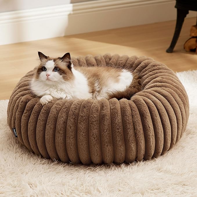 Bedsure Cat beds for Indoor Cats - Donut Dog Beds for Small Dogs with Corduroy Fleece & Anti Slip Bottom, Faux Fur Pet Beds with Washable Removable Cover, Copper Brown, 20x20x6 inches