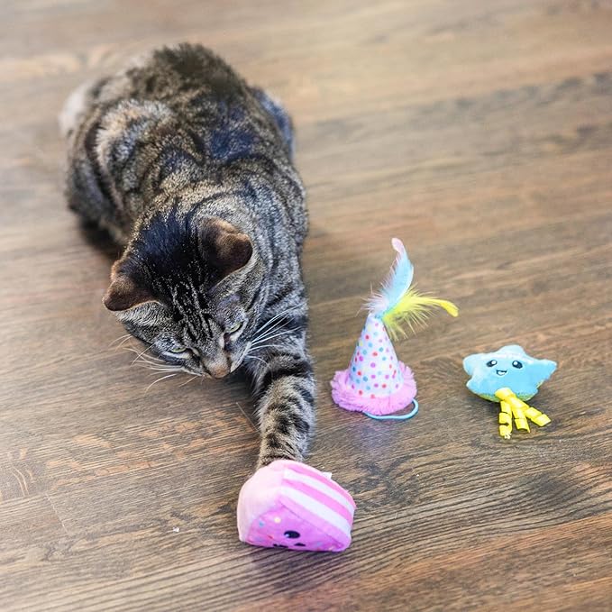Catstages Happy Purrthday Cat Toys, 3-Pack Catnip Plush Toys with Crinkle, Feathers & Dental Mesh, Multicolored