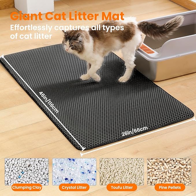 Jumbo Cat Litter Mat, 46x26 Inches Double Layer Honeycomb Litter Trapping Mat, Non Slip Waterproof Urine Proof Extra Large Cat Litter Box Mat, Kitten Supplies and Essentials, XXL, Black