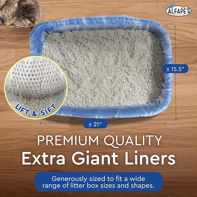 Alfapet Original Sifting Cat Litter Box Liners - Extra Giant 50 Count - Tear-Resistant Cat Litter Bags - Waterproof Kitty Litter Liners - Fits Almost All Litterbox Pan Sizes, 40" x 38", 30 lb Capacity