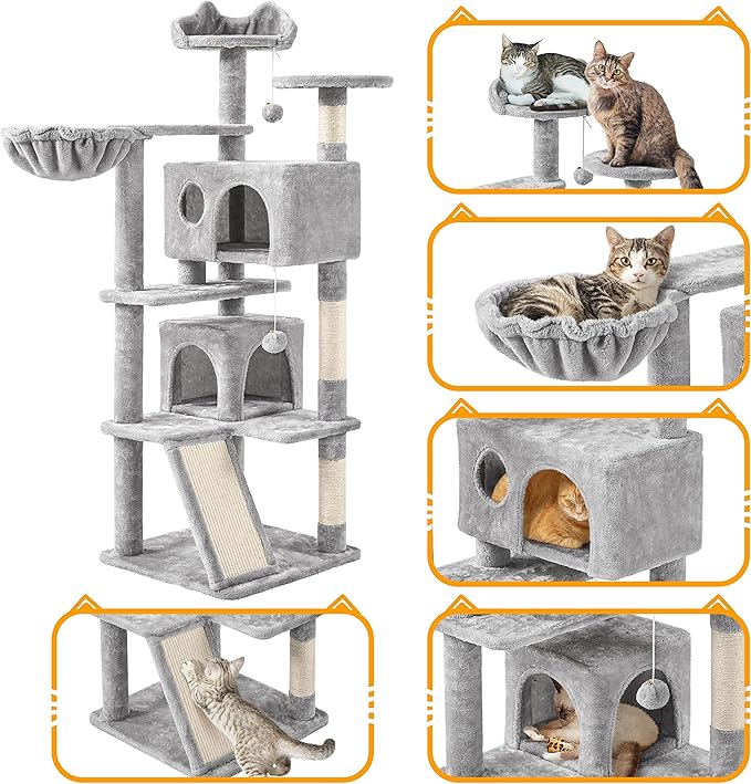 Topeakmart Cat Tree, 57 inches Multi-Level Cat Tree Tower with Scratching Posts, Cat Condo and Basket Kitten Activity Center, Light Gray