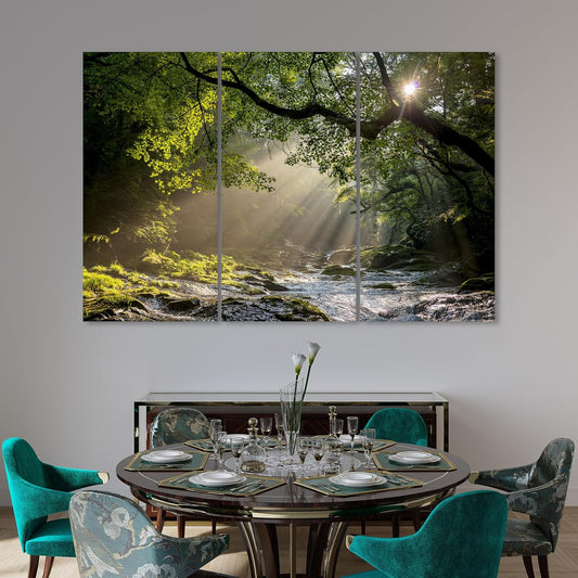 Nature Wall Art Prints - Ocean Forest Mountain Lake Canvas Landscapes - Small to Extra Large Living Room Bedroom Kitchen Bathroom Décor (Rocky River in the Woods, 31L" x 47W" - 3 Panels)