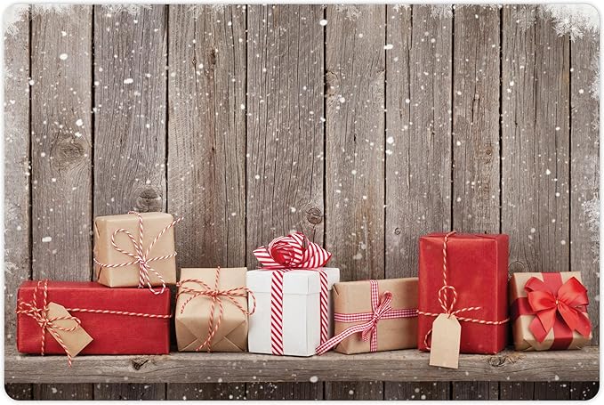 Lunarable Christmas Pet Mat for Food and Water, Concept Photo with Present Boxes Front of Wooden Wall and Snowflake Frame, Non-Slip Rubber Mat for Dogs and Cats, 18" X 12", Burgundy Grey