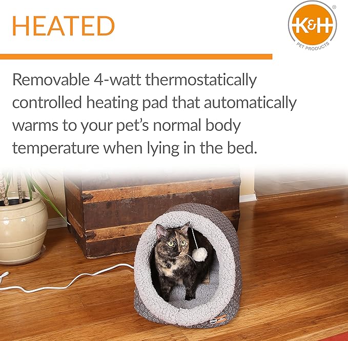 K&H Pet Products Thermo-Pet Cave Heated Cat Bed for Large Cats, Indoor Heated Pet Bed for Dogs & Cats, Covered Cave Pet Tent, Collapsible, Machine Washable, Safety Listed - 17 X 15 X 13in Gray