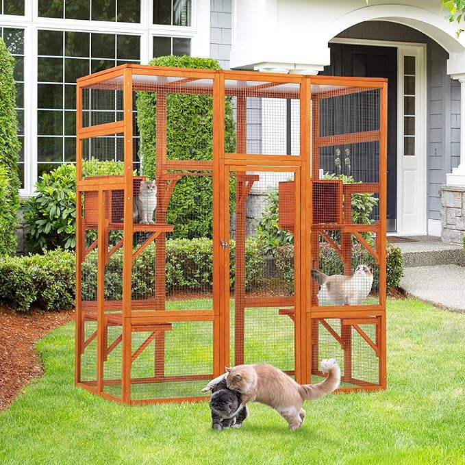 Large Wooden Catio Outdoor Cat Enclosure - Cat Play & Run Enclosures Indoor Kitty Window Catio with Waterproof Roof, 7 Platforms & 2 Resting Box, UV Resistant, 62.5" L x 32.5" W x 70" H, Orange