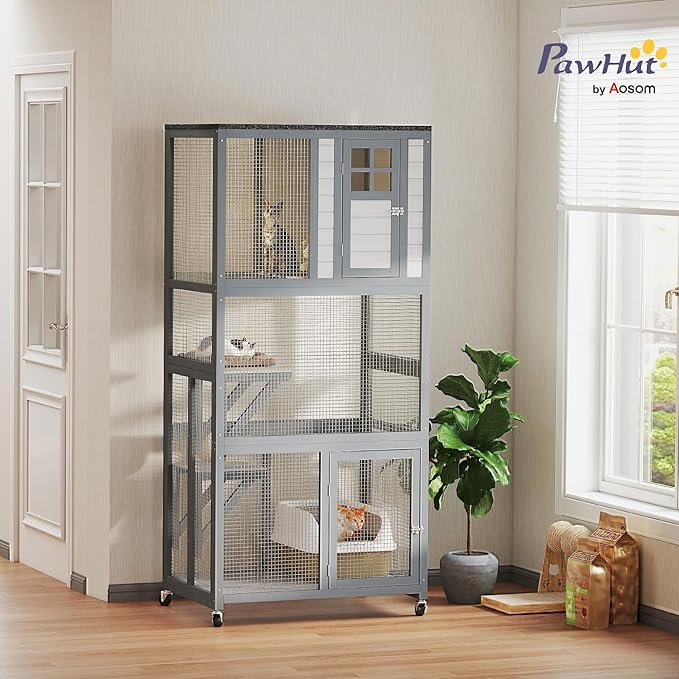 PawHut 74" Wooden Catio Outdoor Cat Enclosure Weatherproof & Wheeled, Outside Cat House with High Weight Capacity, Kitten Cage Condo, Dark Gray