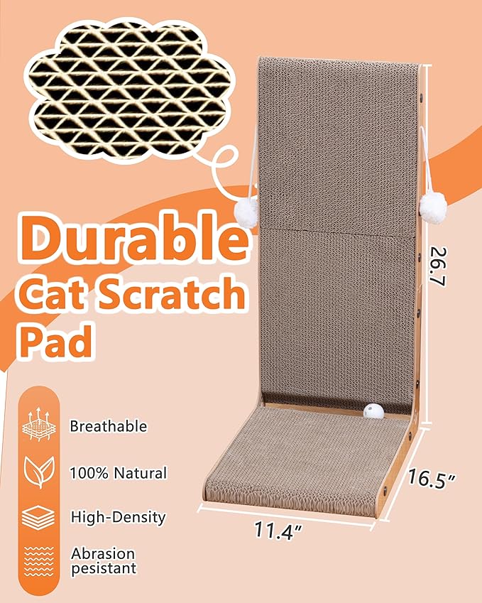 Megidok Cat Scratcher, 26.7" L Shape Cat Scratch,Vertical Cat Scratching Board,Cat Scratch Pad Wall-Mounted,Cats Scratching Cardboard with Ball Toy