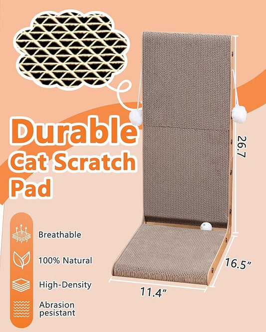 Megidok Cat Scratcher, 26.7" L Shape Cat Scratch,Vertical Cat Scratching Board,Cat Scratch Pad Wall-Mounted,Cats Scratching Cardboard with Ball Toy