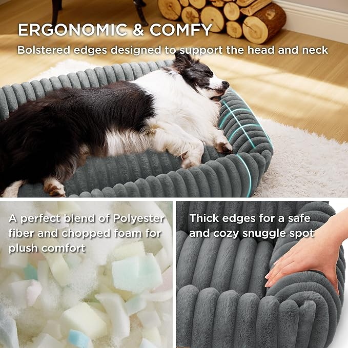 Bedsure Cute Dog Bed for Small Dogs & Cats - Washable Furry Puppy Beds, Rectangle Orthopedic Corduroy Fleece Pet Beds with Removable Zipper Cover, 20x19x6inches, Warm Grey