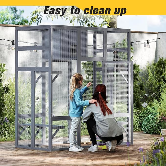 COZIWOW Upgraded Extra Large Outdoor Catio Enclosure with 4-Way Pet Door, Insulated Cat House, Weatherproof PVC Cover, Window Attachable, Gray