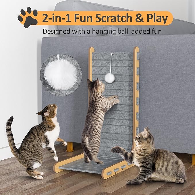 Felt Cat Scratcher for Indoor Cats, 26.8 Inches L Shape Scratching Board Vertical Cat Scratch Post with Fluffy Ball Hanging, Scratch Resistant Felt Cat Scratching Pad, Large