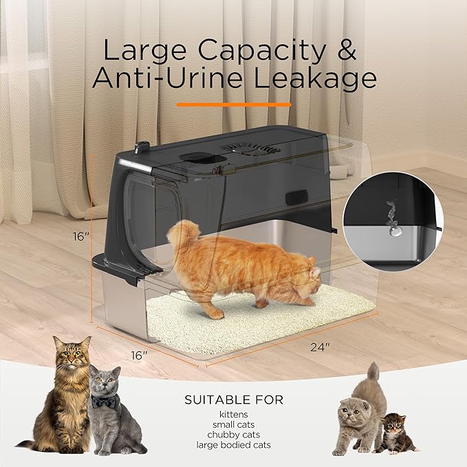 Citylife Stainless Steel Cat Litter Box with Lid，XL Extra Large Enclosed Removable Metal Litter Box with Litter Scoop&Double Layer Litter Mat,Non-Sticky，Non-Odor,Easy Cleaning, for Big Cats，Black