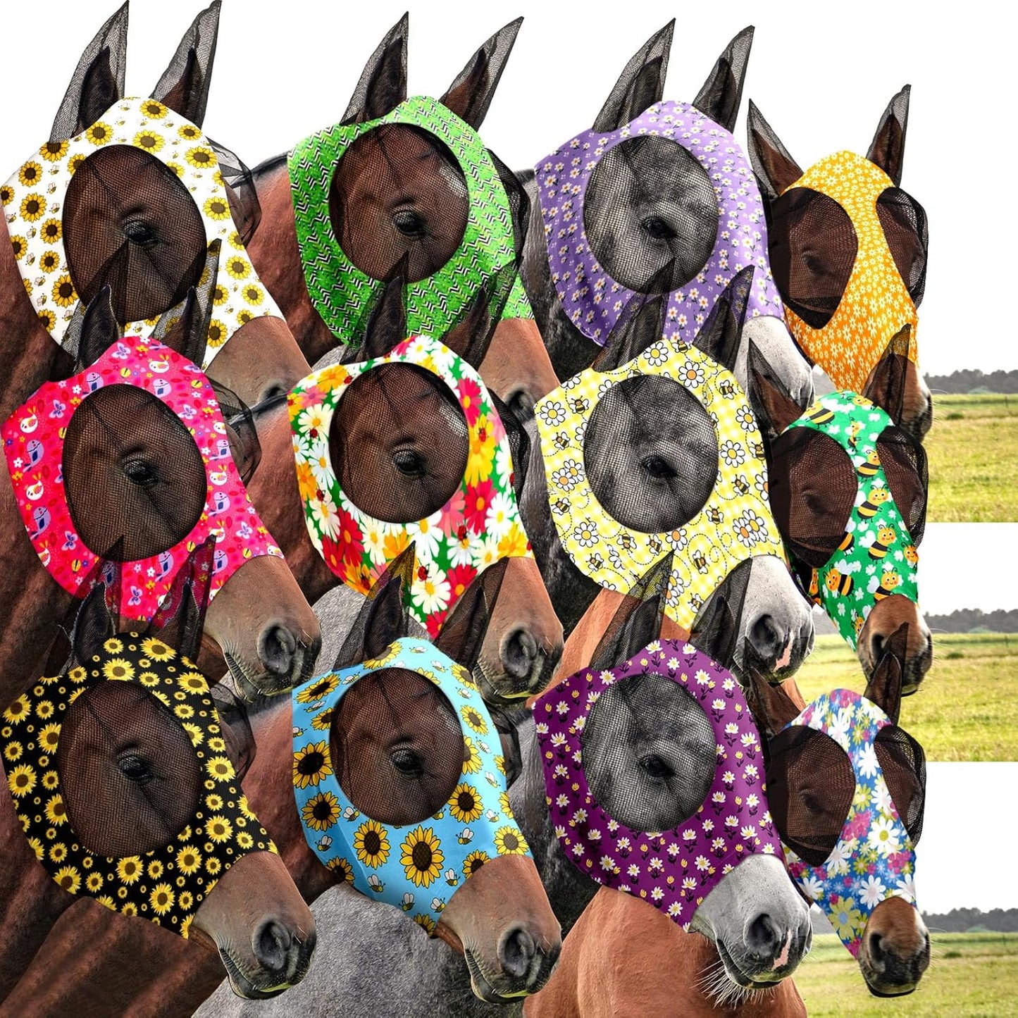 Qualirey12 Pieces Horse Fly Mask Bulk Comfortable Elasticity Mask for Horses with Ears Net UV Protection Breathable Horse Supplies Face Covering for Horse Pony and Foal (Flower Patterns, Medium)