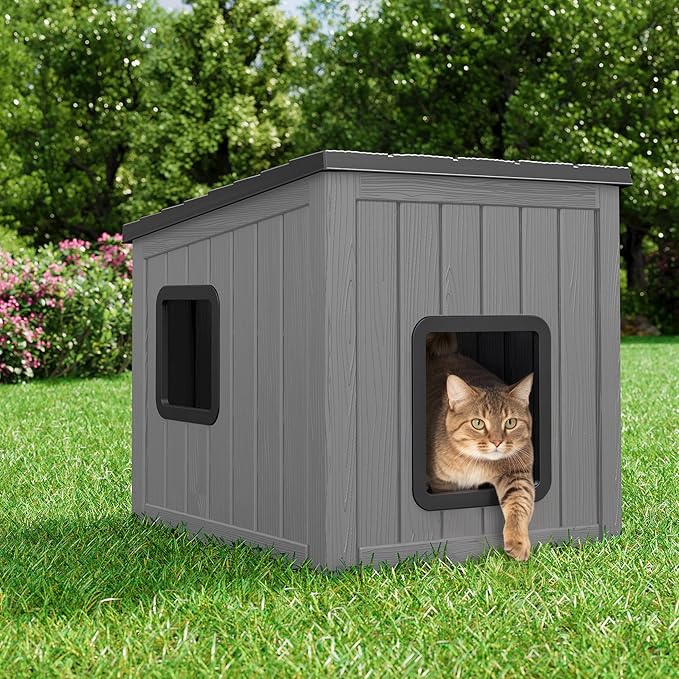 NUNU Outdoor Cat House – Weatherproof & UV Resistant PP Material Shelter with Sloped Asphalt Roof, Durable Cat Condo for Garden, Patio, and Backyard (Black, Large)