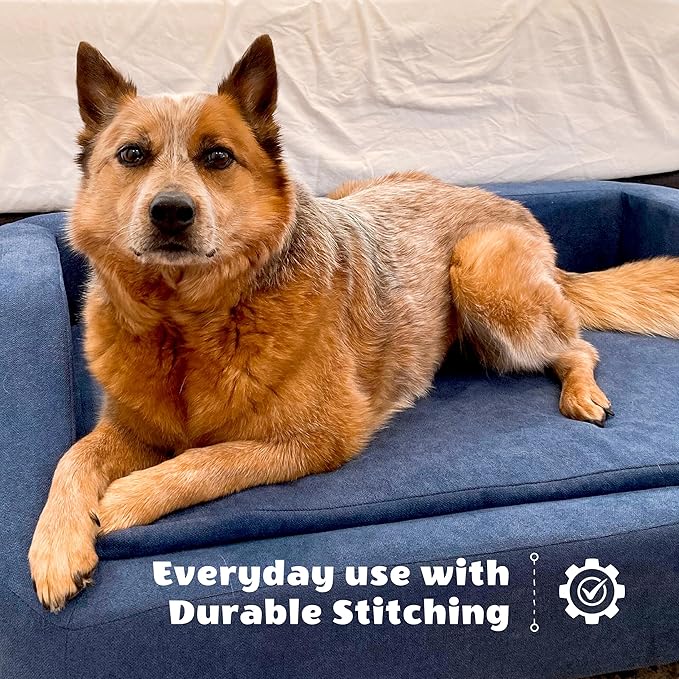 CRITTER SITTERS 36-in. Microfiber Blue Rectangular Dog Couch for Medium-Sized Dogs, Modern and Stylish Elevated Dog Bed for Home or Apartment, Blue