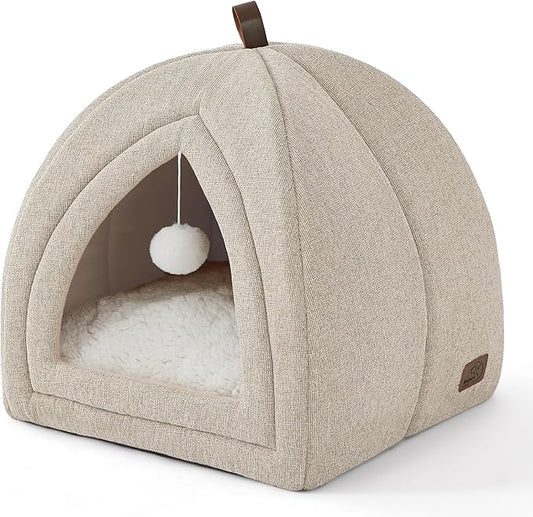 Bedsure Cat Beds for Indoor - 2 in 1 Cat Cave House Tent for Kittens and Small Pets with Removable Washable Cushioned Pillow, Foldable Kitten Hideaway with Non-Slip Bottom, Khaki, 16 inches